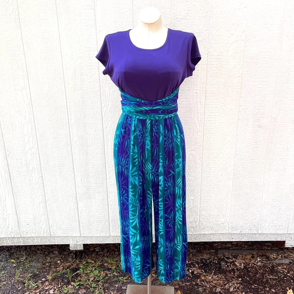 Vintage 80s Jumpsuit Purple Teal Tropical Rayon Crepe Wide Leg Short Sleeve M L